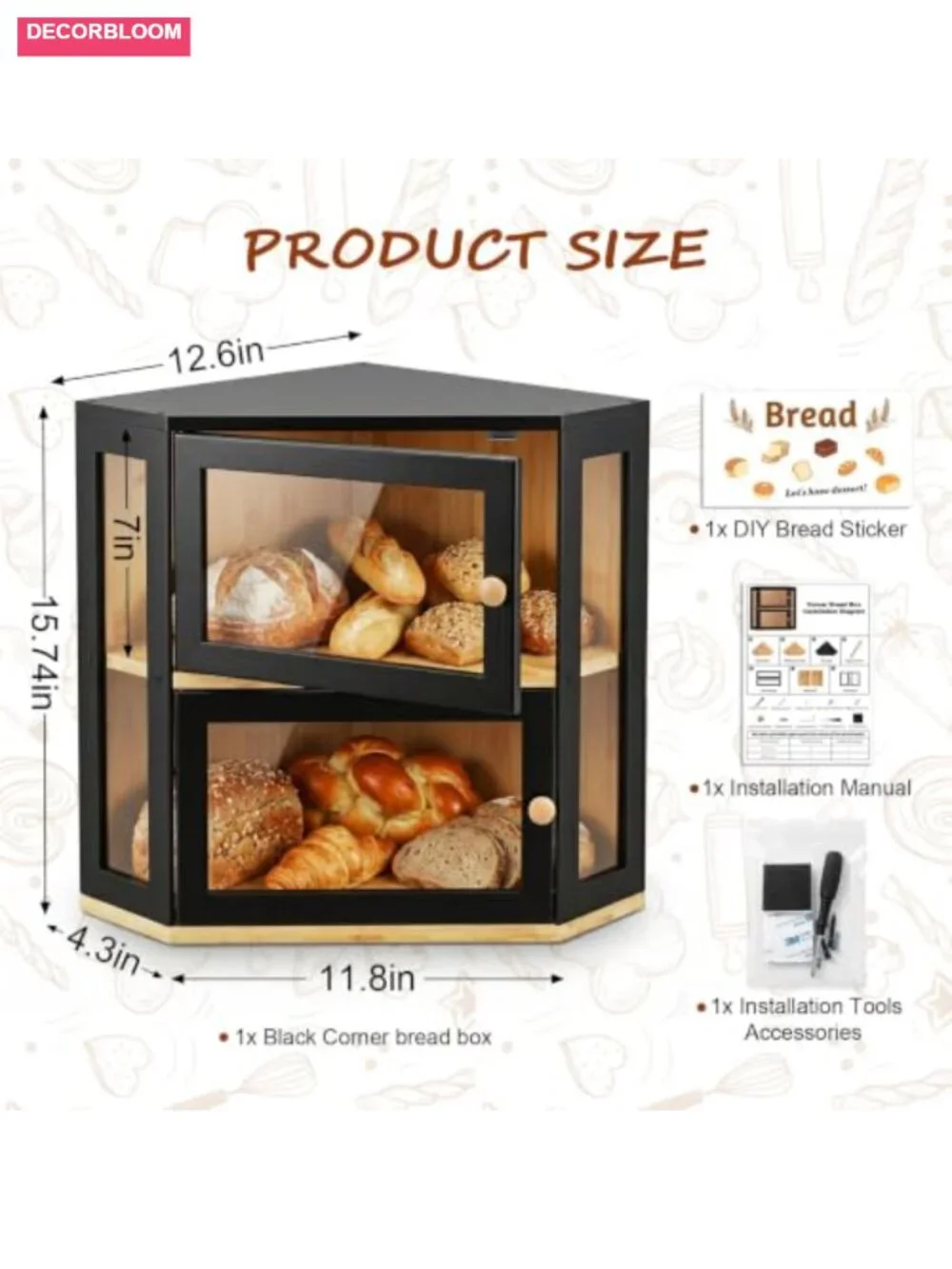Corner Bread Box, Extra Large Double Layer Bamboo with Acrylic Door for Kitchen